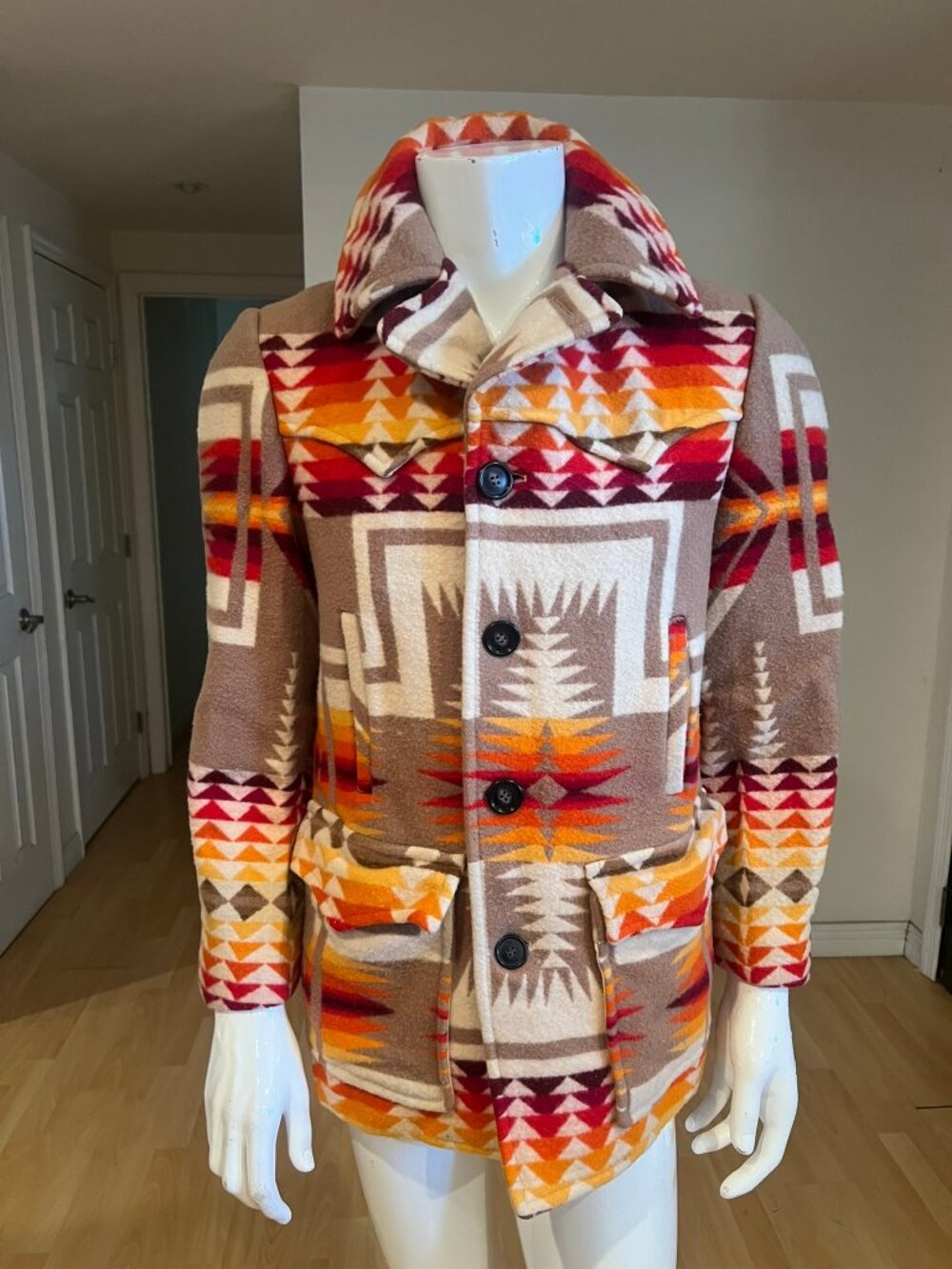 VINTAGE PENDLETON 70'S CHIEF JOSEPH PATTERN BLANKET AZTEC WOOL COAT SZ S SMALL